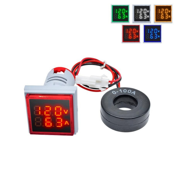 Вольтметр + Амперметр AC50-500V 0-100A светодиодный квадратный 22мм  (красный)