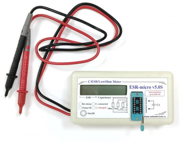 Измеритель ЕМКОСТИ И ESR "ESR-micro v5.0S+" со встроенным аккумулятором с зарядкой от мини-USB с индикацией заряда